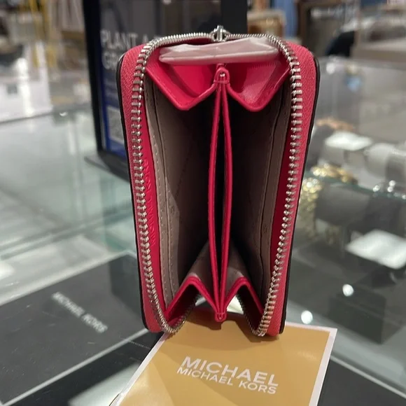 Michael Kors Women Medium Zip Around Card Case Coin Pouch Wallet Electric Pink - Picture 10 of 16